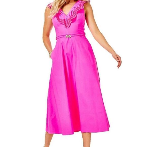 Lilly Pulitzer Carine Dress Berry Pink Ruffle Neckline Midi Length Size 00 - Picture 15 of 16